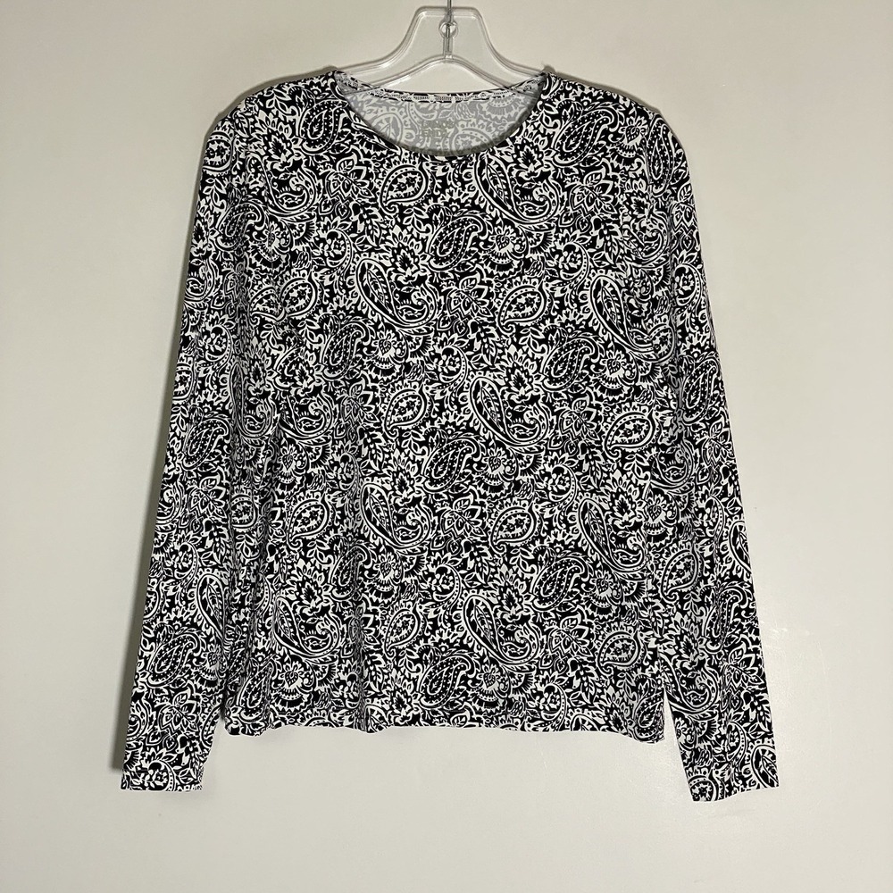 Lands End Swim Shirt Womens Small Black White Paisley Rash Guard Cover Up Modest